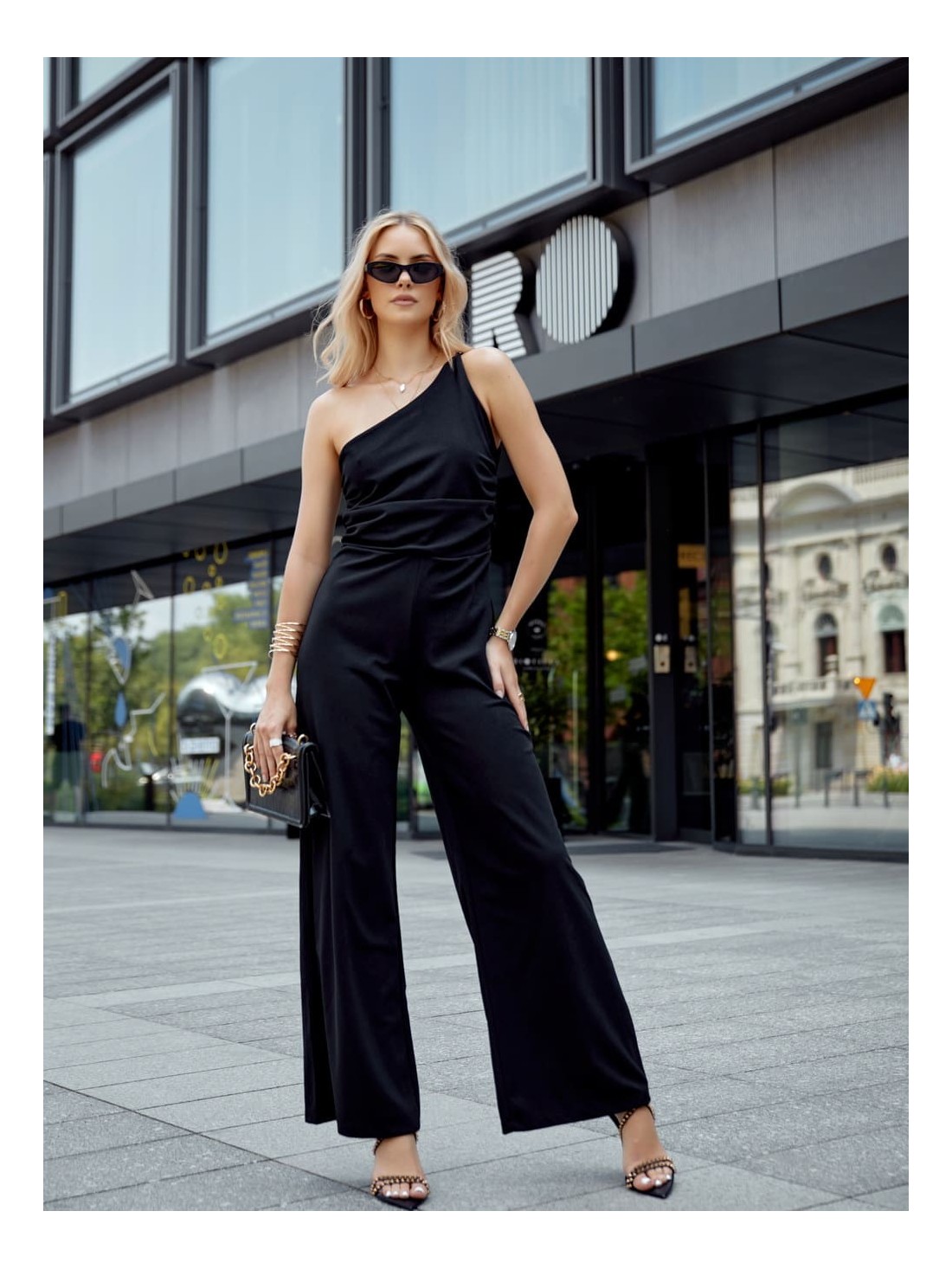 Elegant one-shoulder jumpsuit with wide legs, black 23560 - Online store - Boutique